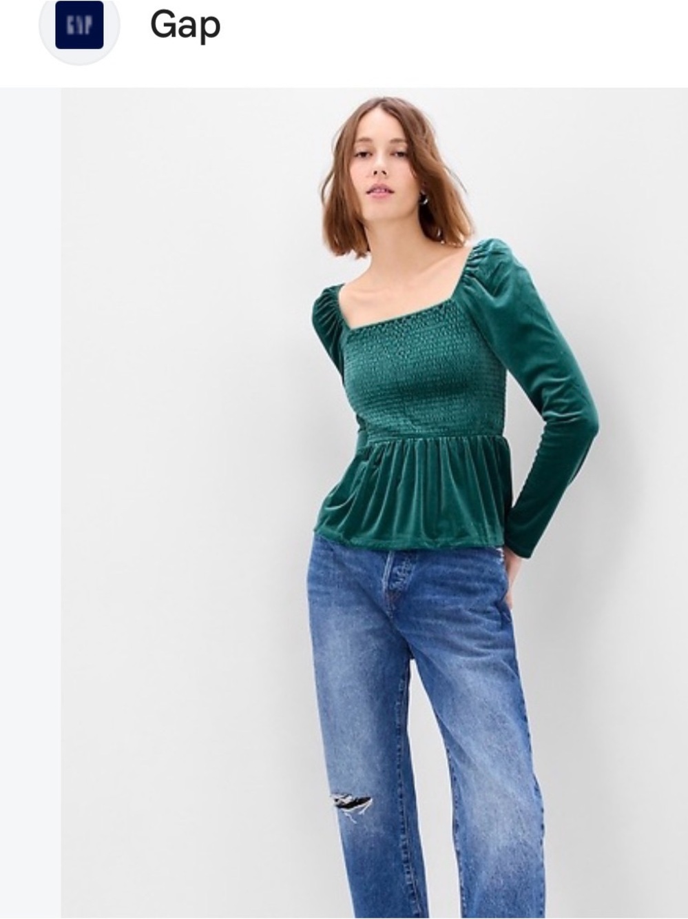 Gap Women's  Green Velvet Smocked Peplum Top